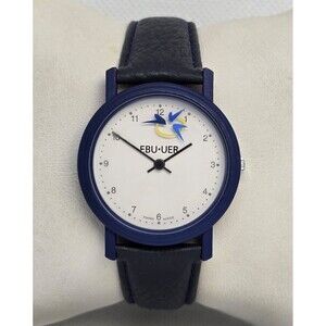 Unisex EBU UER Swiss Made Round White Dial Black Leather Strap Watch 05